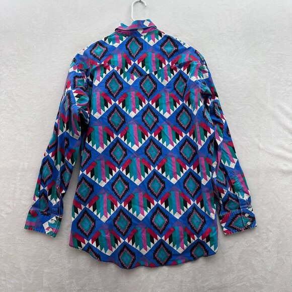 Vintage Wrangler Shirt Mens L 16.5/34 Blue Western Aztec Brushpopper Cowboy - Picture 7 of 7